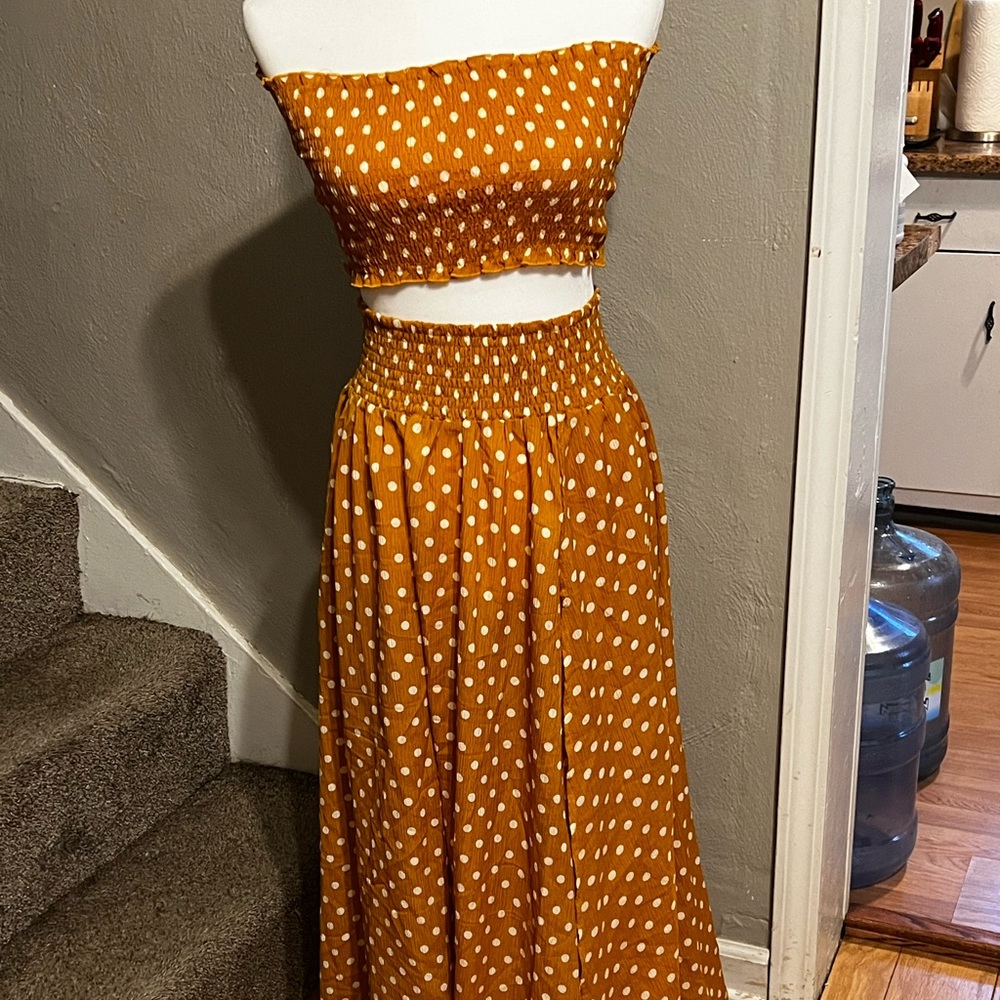 2 piece skirt set. Mustard and white polka dot!